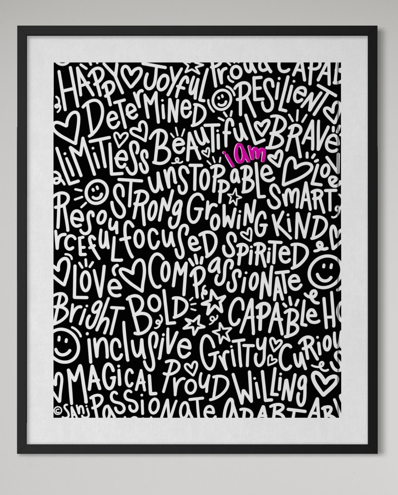 "I Am"  (White/Pink on Black) Playful Word Art 11x14 Print
