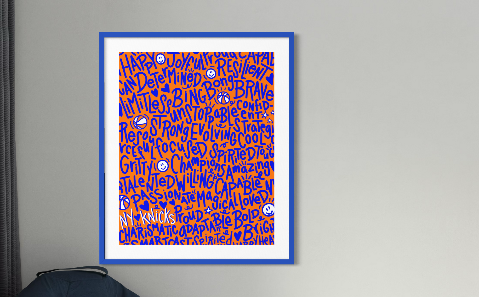 "NY Knicks"  (Blue on Orange) Playful Word Art 11x14 Print
