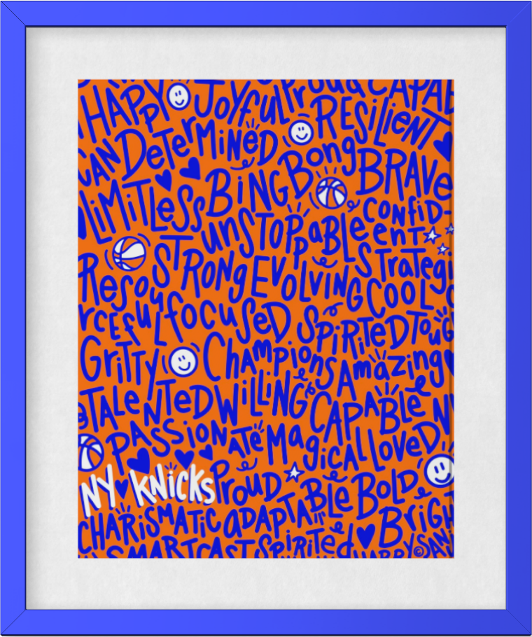 "NY Knicks"  (Blue on Orange) Playful Word Art 11x14 Print