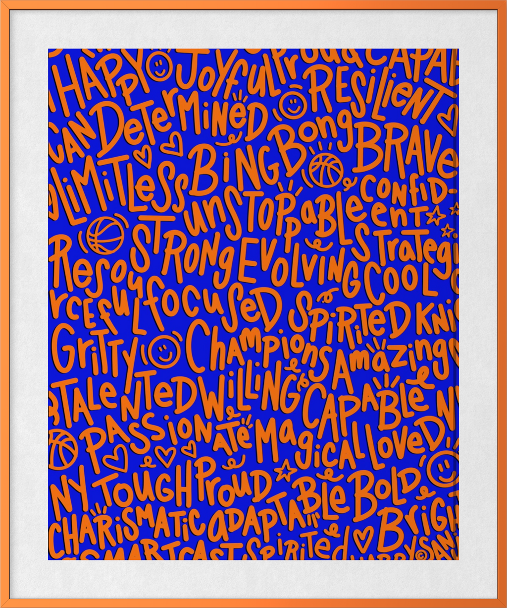 "NY Tough"  (Orange on Blue) Playful Word Art 11x14 Print