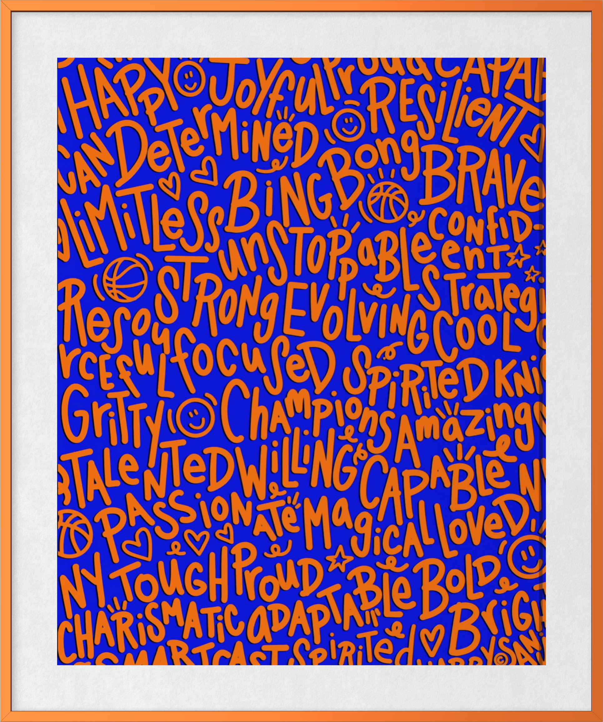 "NY Tough"  (Orange on Blue) Playful Word Art 11x14 Print